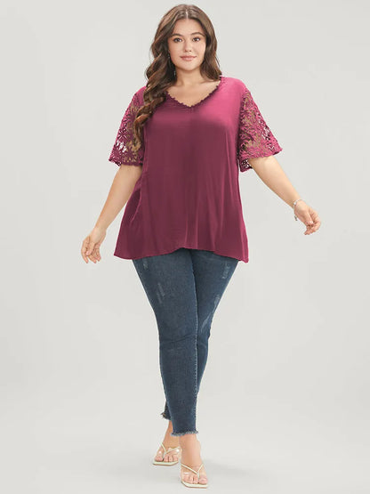 Plain V Neck Floral Patchwork Blouse