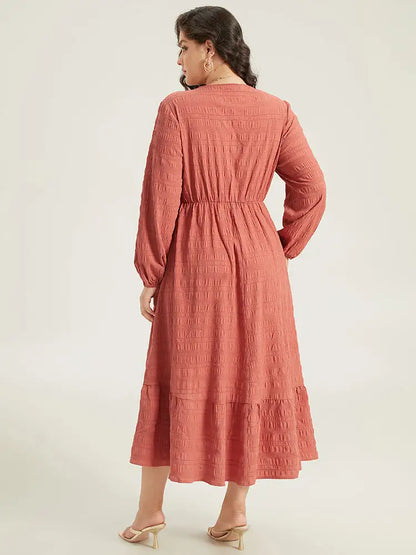 Solid Shirred Plisse Flutter Hem Dress