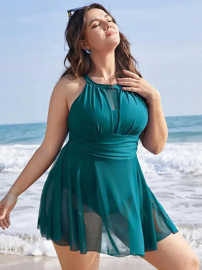Knotted Back Mesh Insert Halter Swim Dress