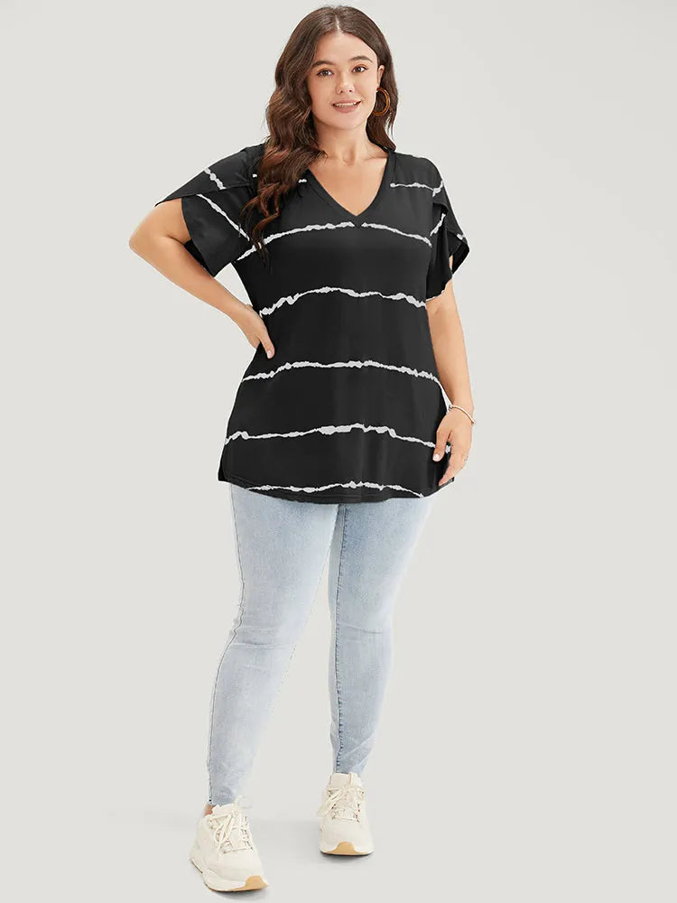 Striped Contrast Petal Sleeve T-shirt