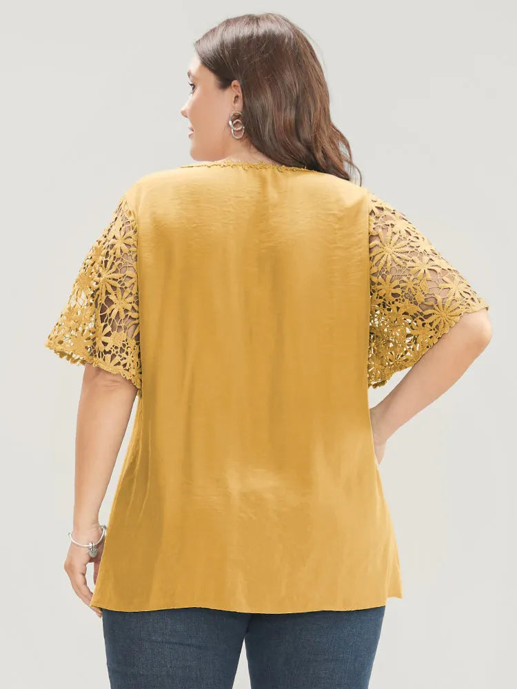 Plain V Neck Floral Patchwork Blouse