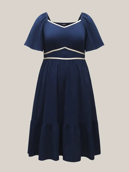 Textured Stretchy Waist Milkmaid Style Midi Dress