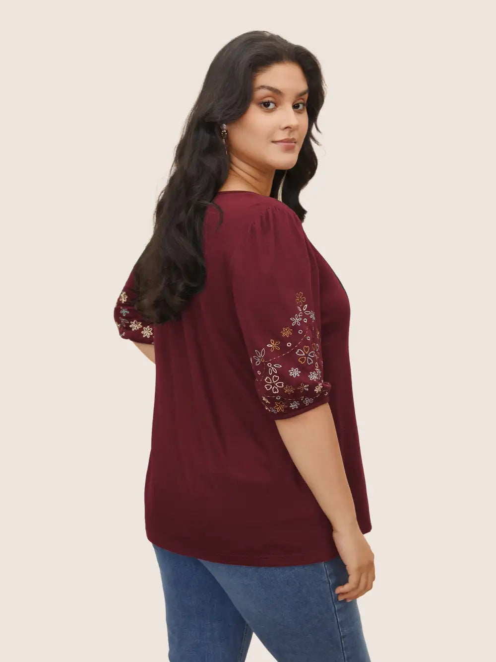 Floral Embroidered Crew Neck Puff Sleeve T-Shirt