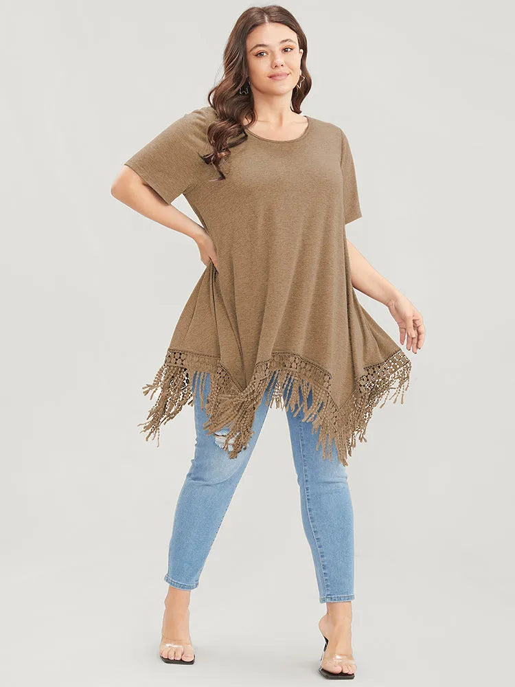Solid Round Neck Lace Fringe Hem T-shirt