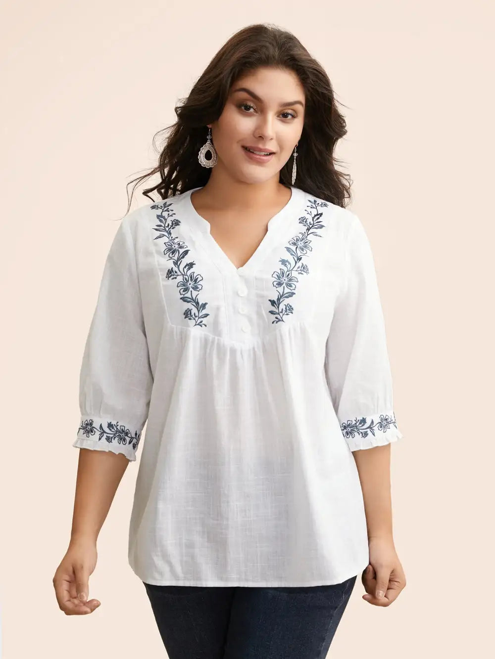 Cotton Floral Embroidered Notched Collar Frill Trim Blouse