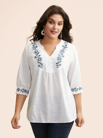 Cotton Floral Embroidered Notched Collar Frill Trim Blouse