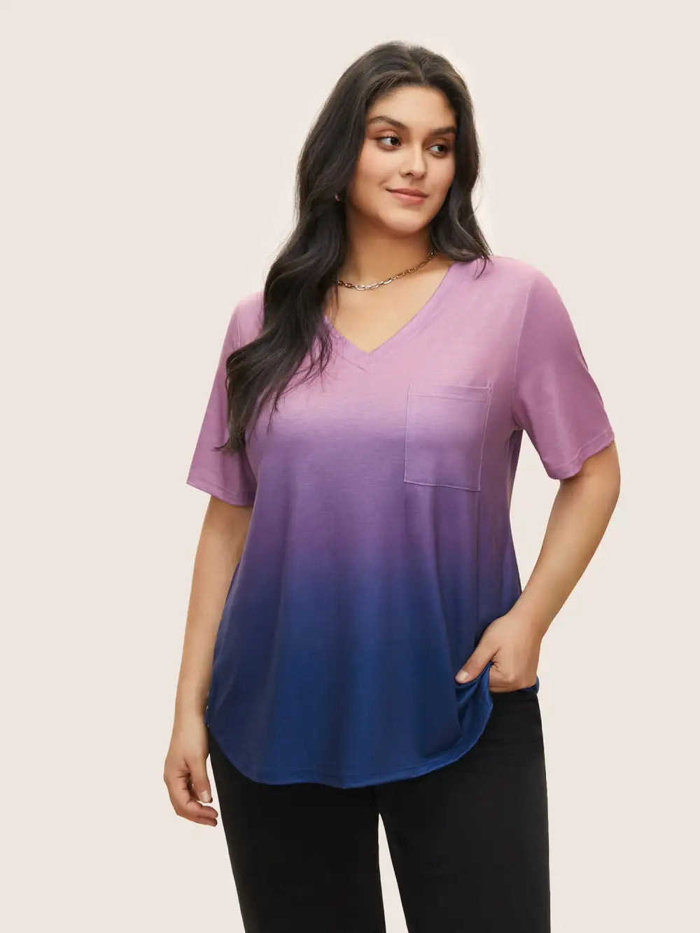 Ombre Contrast Patched Pocket T-Shirt