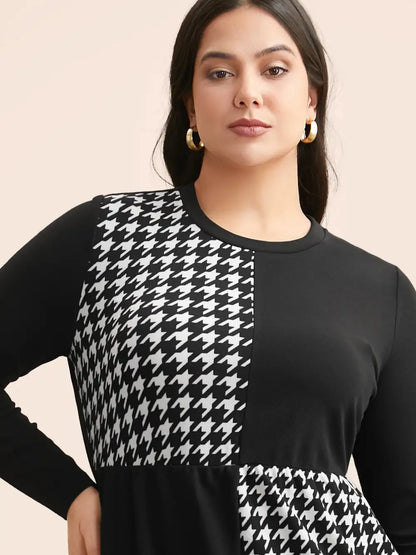 Houndstooth Patchwork Elastic Waist Dress