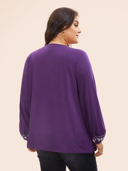 Floral Embroidered Knot Neck Lantern Sleeve T-Shirt