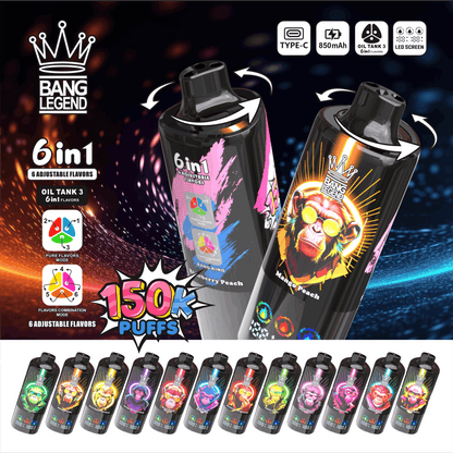 Bang Legend 150000 150K Puffs 6 in 1 Flavors Newest Original Rechargeable LED Display Disposable Vape