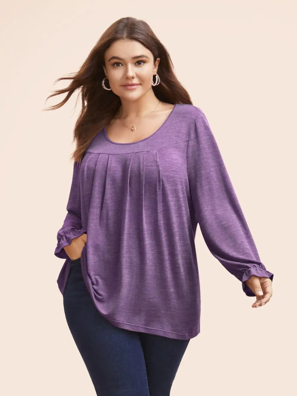 Round Neck Heather Pleated T-Shirt