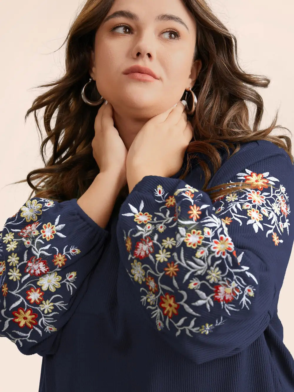 Waffle Knit Floral Embroidered Lantern Sleeve T-Shirt