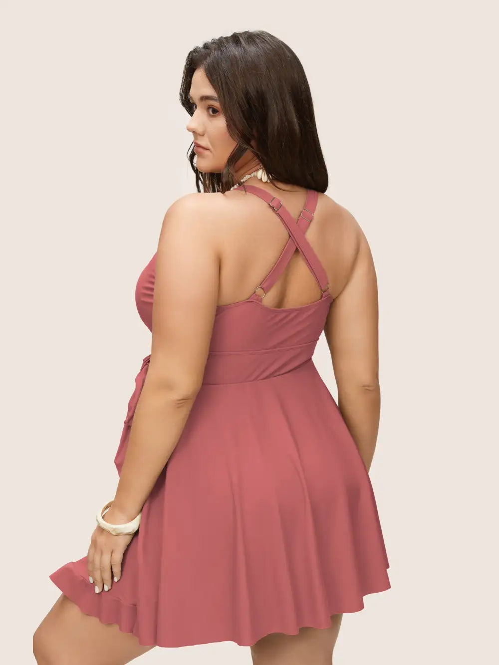 Plain Ties Wrap Flutters Swim Dress
