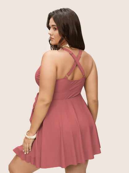 Plain Ties Wrap Flutters Swim Dress