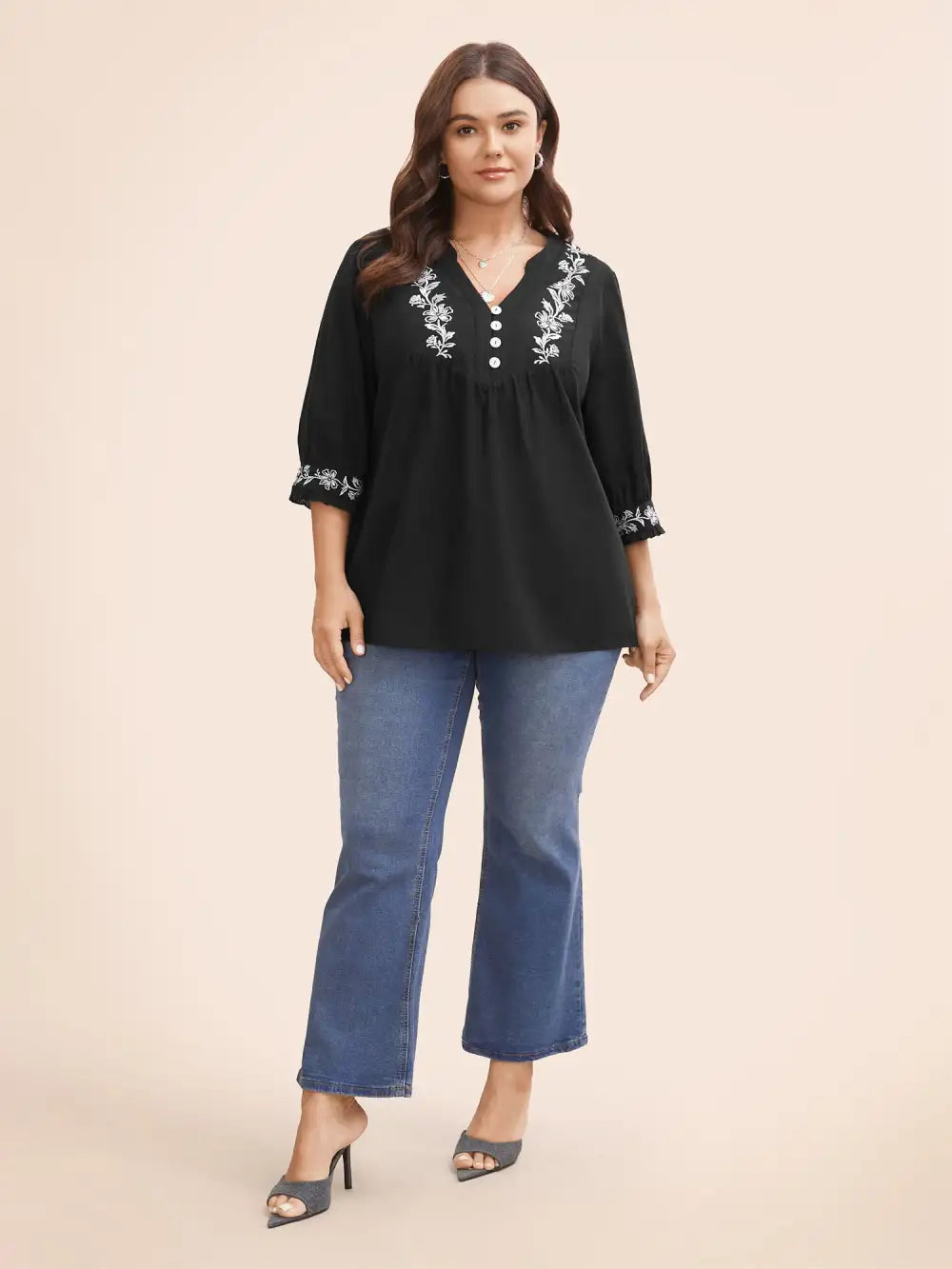 Cotton Floral Embroidered Notched Collar Frill Trim Blouse