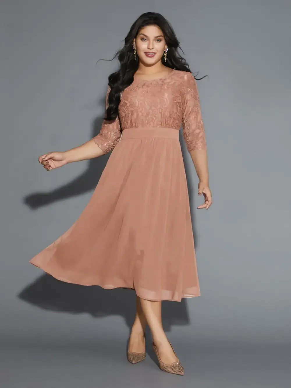 Lace Patchwork Shirred Midi Pocket Dress