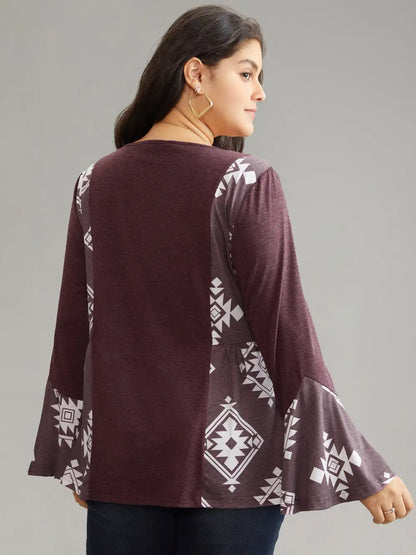 Floral Print Bell Sleeve V Neck T-Shirt