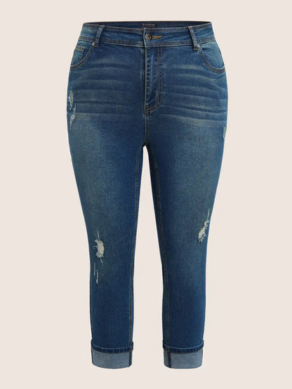 Roll Hem Ripped Pocket Straight Leg Cropped Jeans
