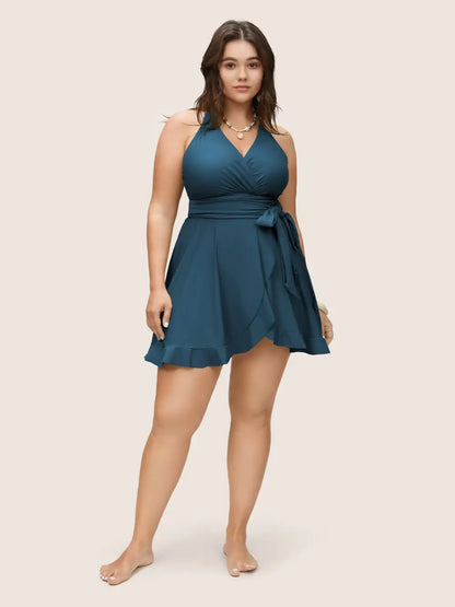 Plain Ties Wrap Flutters Swim Dress