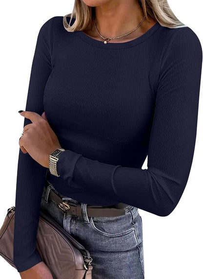 Women Long Sleeve Shirts Ribbed Fitted Tops