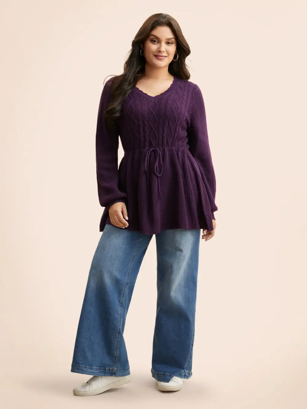 V Neck Cable Knit Drawstring Pullover