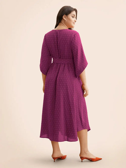 Textured Bell Sleeve Belted Arc Hem Dress