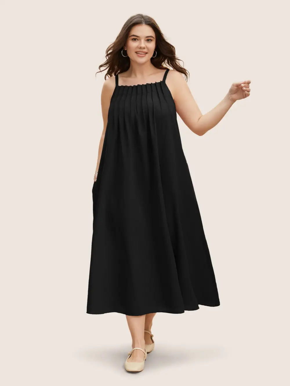 Cotton Plain Pleated Loose Fit Cami Dress