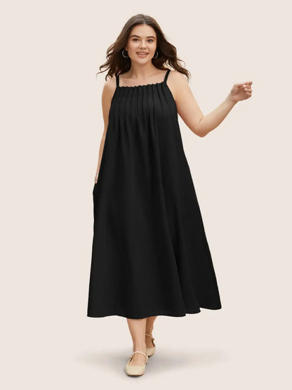 Cotton Plain Pleated Loose Fit Cami Dress