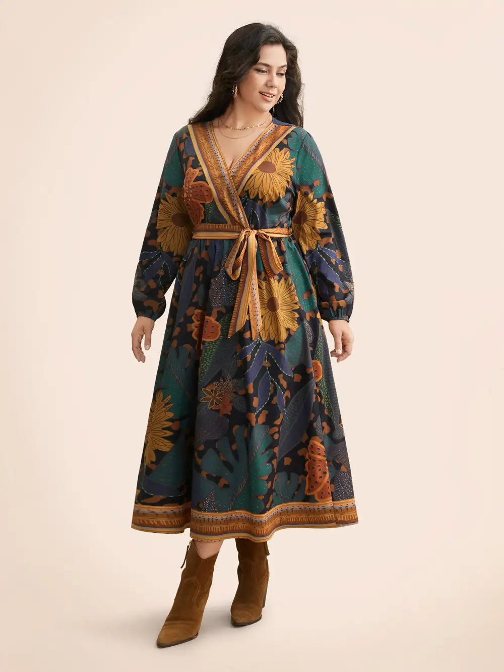 Boho Print Belted Lantern Sleeve Dress