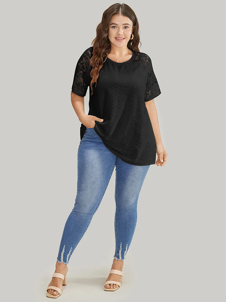 Solid Broderie Anglaise Lace Raglan Sleeve T-shirt