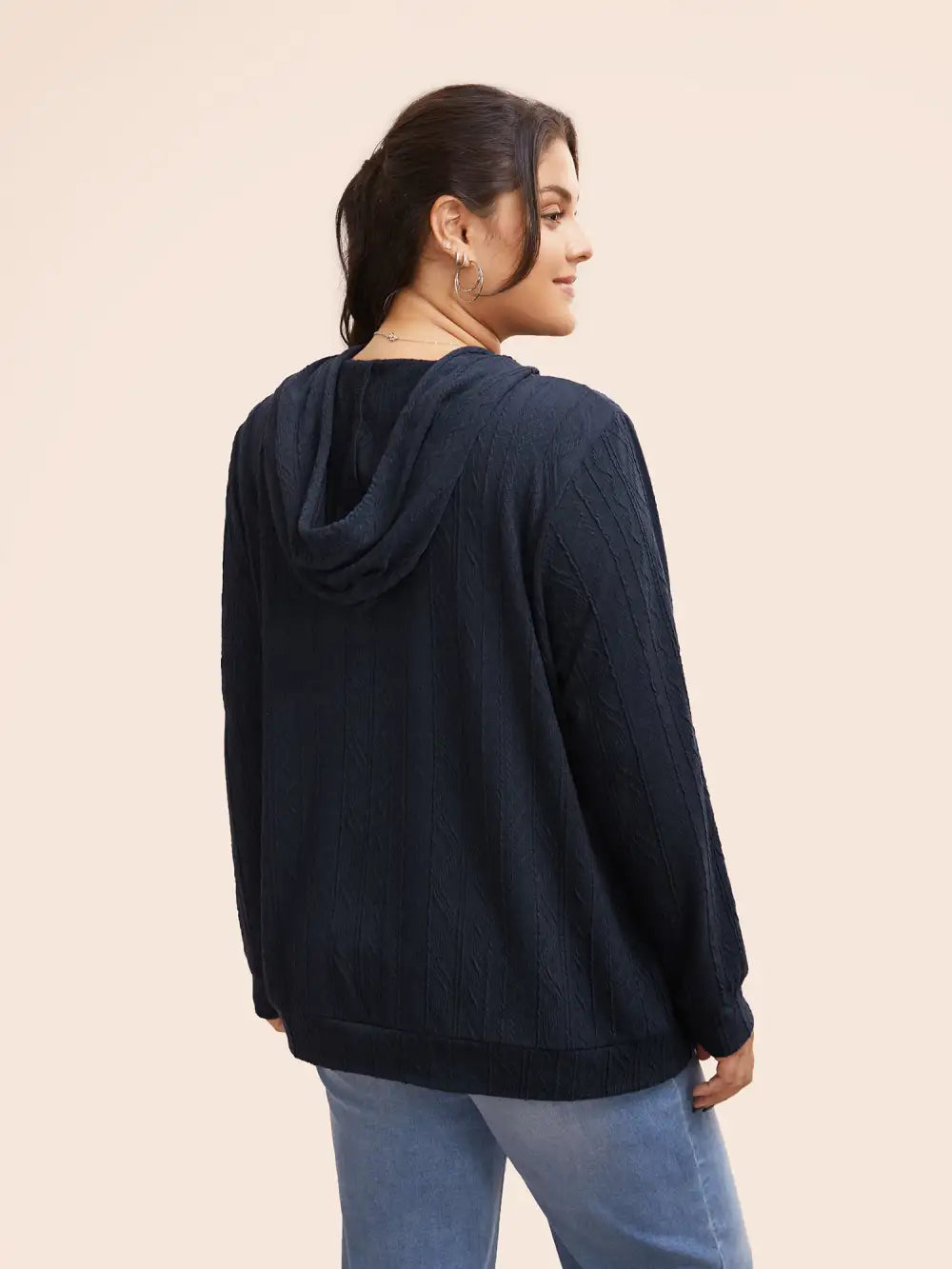 Plain Textured Hooded Drawstring Sweatshirt
