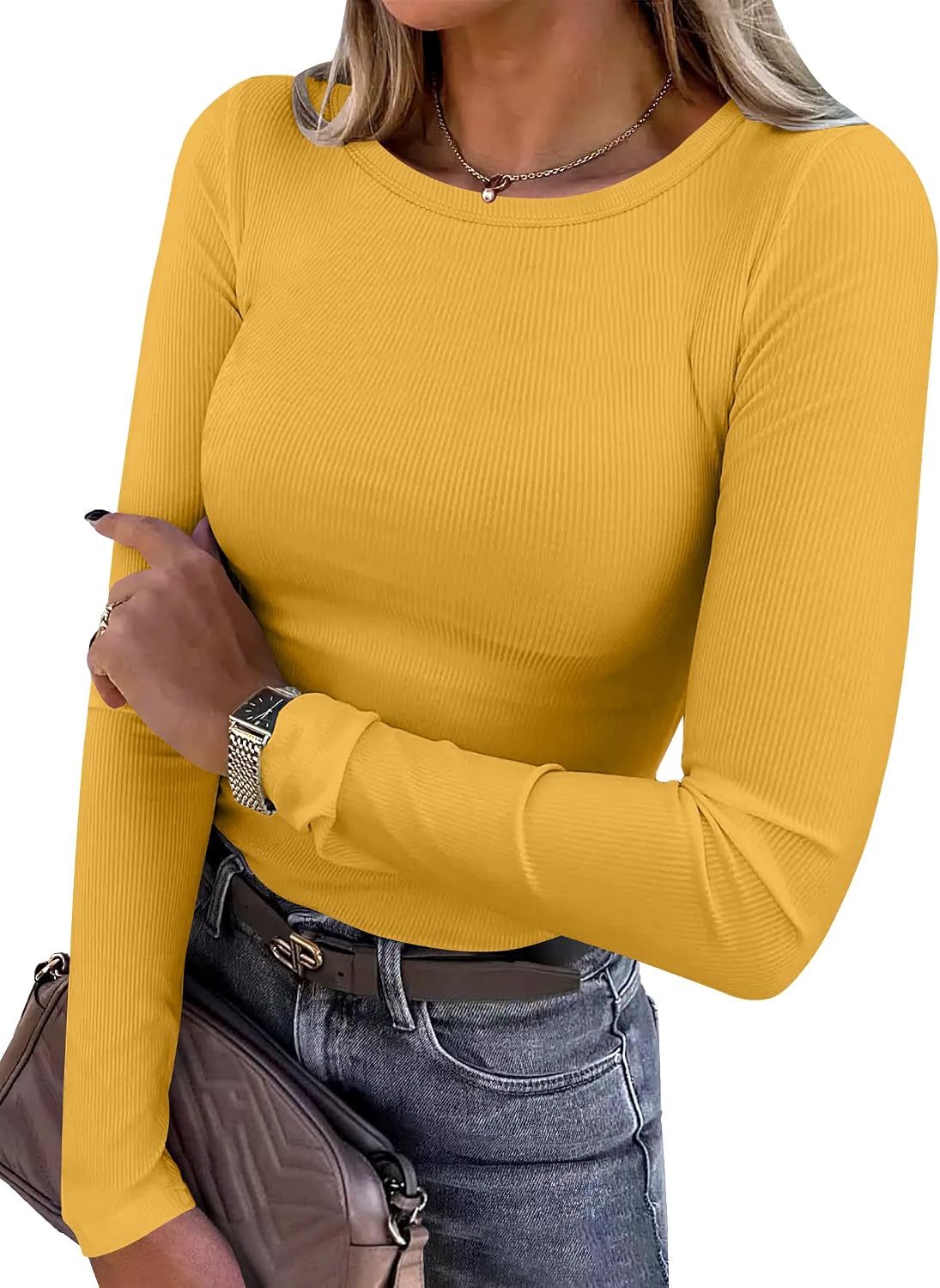 Women Long Sleeve Shirts Ribbed Fitted Tops