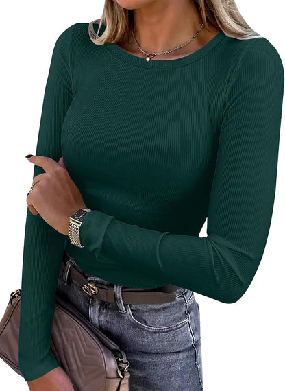 Women Long Sleeve Shirts Ribbed Fitted Tops