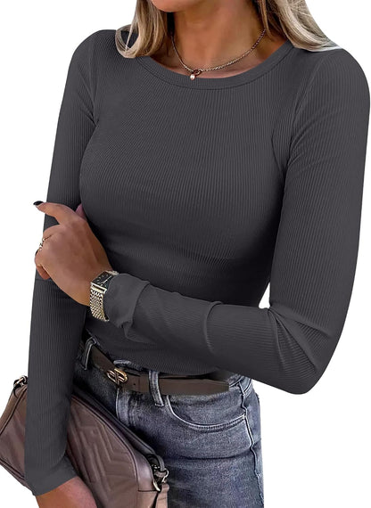 Women Long Sleeve Shirts Ribbed Fitted Tops