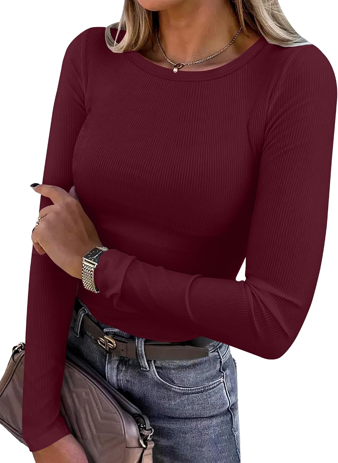 Women Long Sleeve Shirts Ribbed Fitted Tops