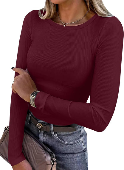 Women Long Sleeve Shirts Ribbed Fitted Tops