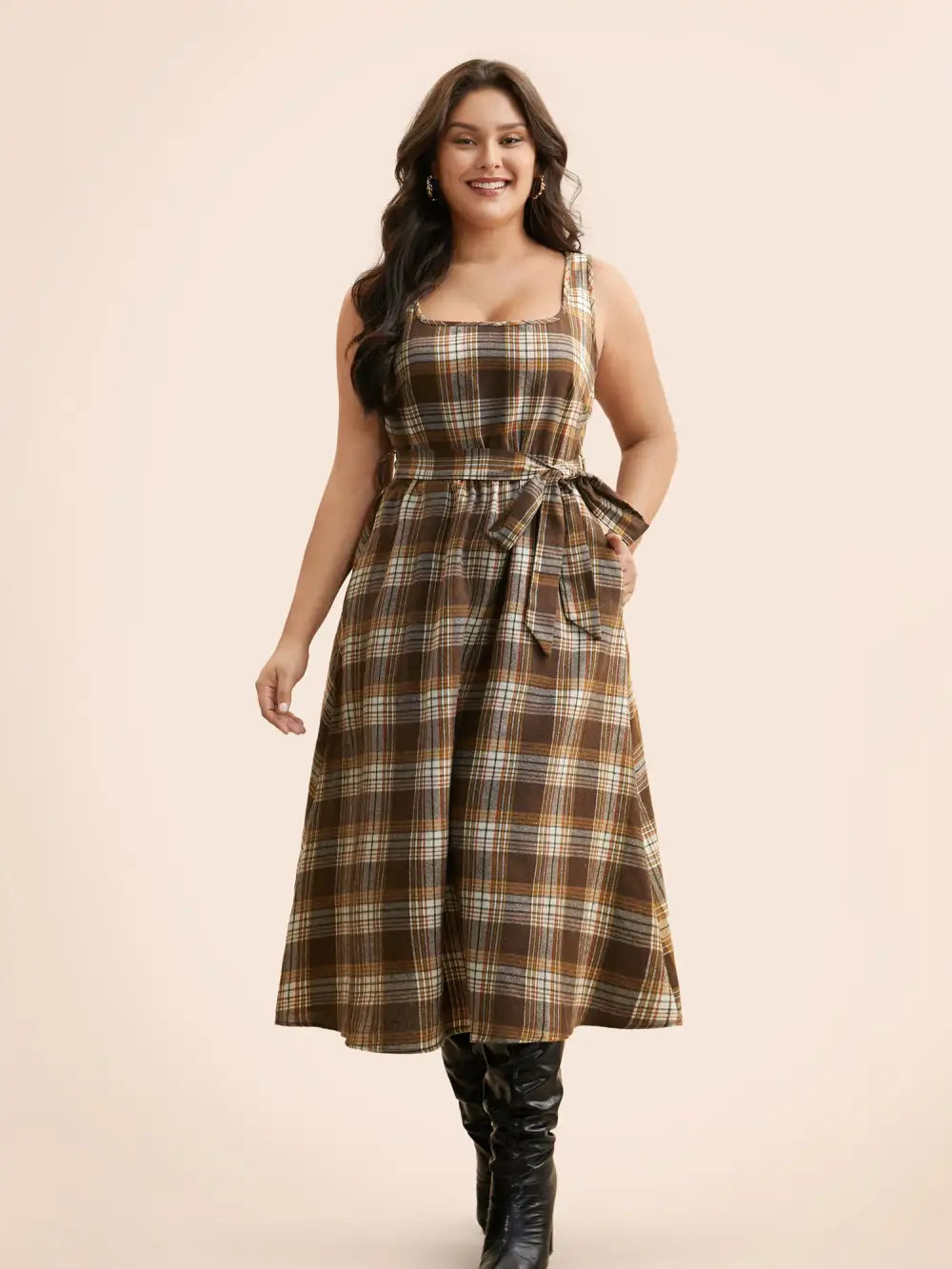 Square Neck Plaid Belted Dress