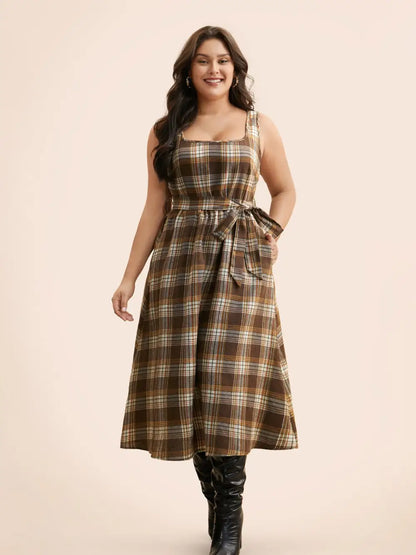 Square Neck Plaid Belted Dress