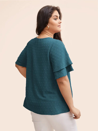 Plain Ruffle Tiered Sleeve V Neck Polka Dot Blouse