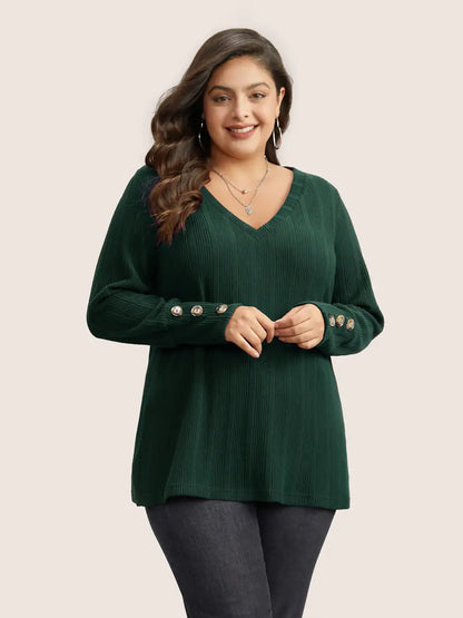 Rib Knit V Neck Button Detail T-Shirt