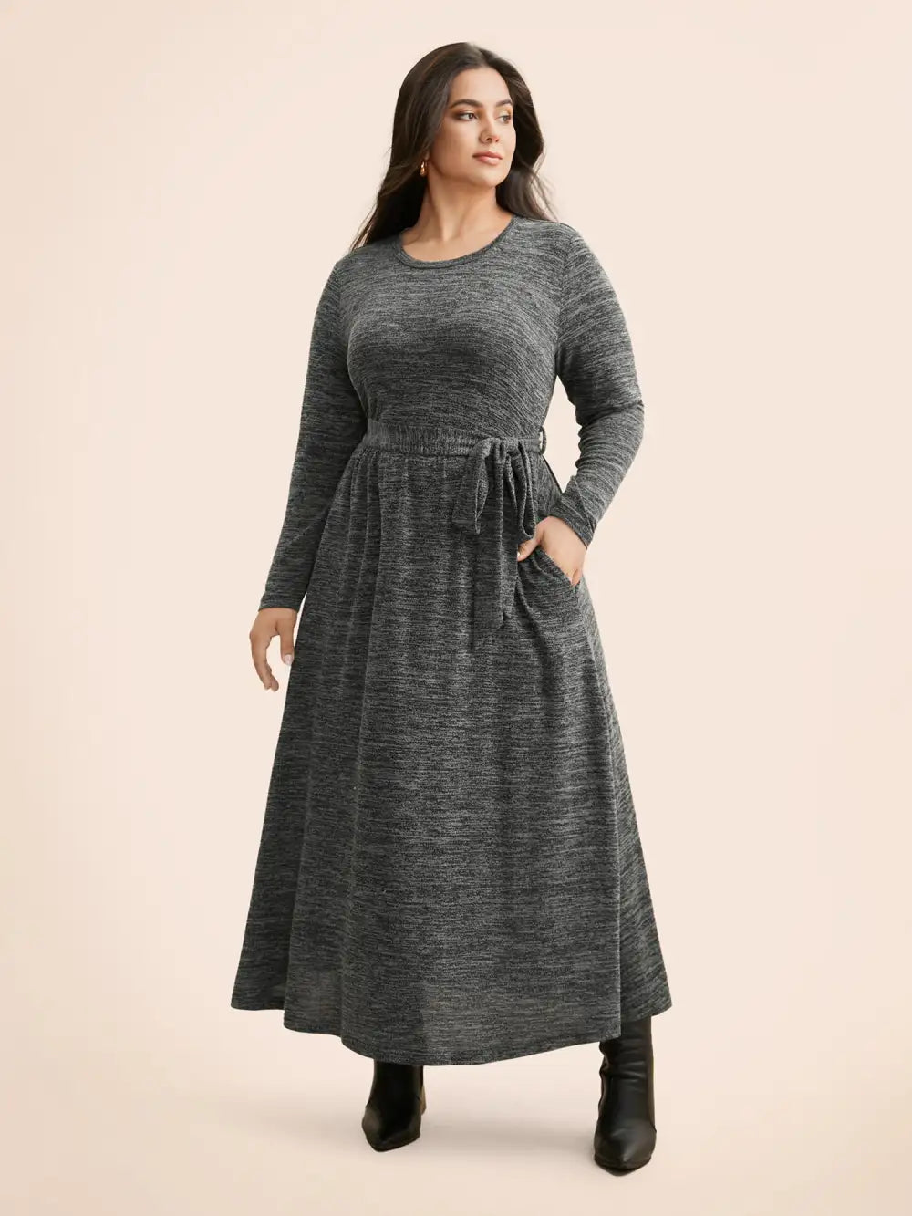 Round Neck Heather Belted Dress