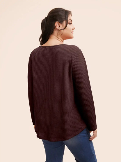 Plain Waffle Knit Scoop Neck Plicated Detail T-Shirt