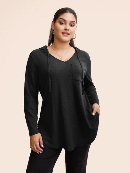 Waffle Knit Pocket Hooded Drawstring Arc Hem T-Shirt