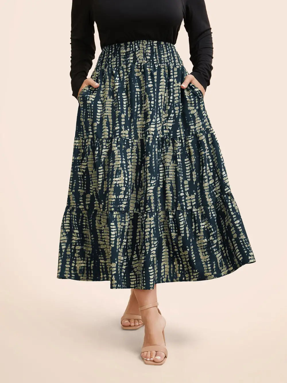 Geometric Shirred Ruffle Layered Hem Skirt