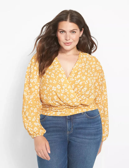 Classic Long-Sleeve Surplice-Neck Shirred-Waist Crop Blouse