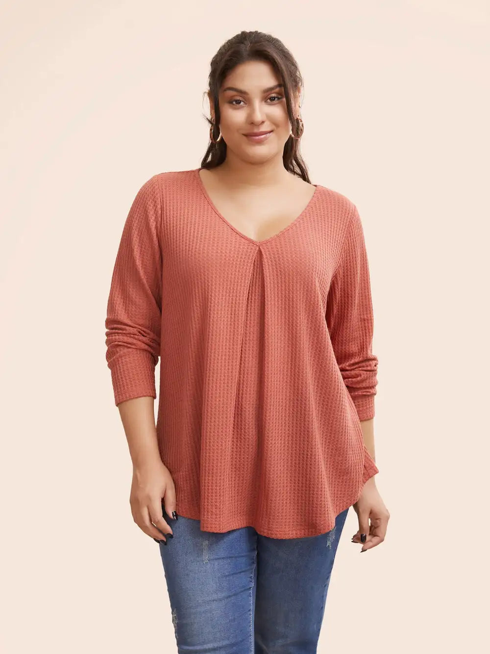 Plain Waffle Knit Scoop Neck Plicated Detail T-Shirt