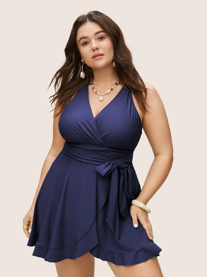 Plain Ties Wrap Flutters Swim Dress