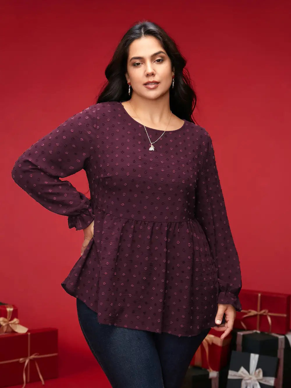 Textured Dot Elastic Cuffs A-Line Blouse