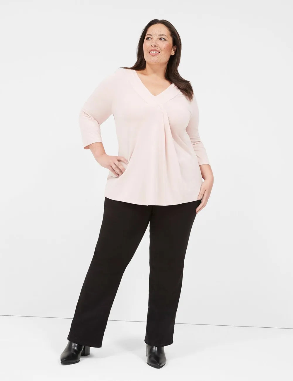 Swing 3/4-Sleeve Pleat-Front Top