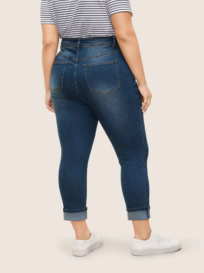 Roll Hem Ripped Pocket Straight Leg Cropped Jeans